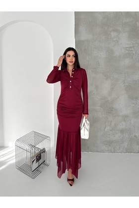 Kahverengi Gömlek Yaka Tül Volanlı Midi Elbise