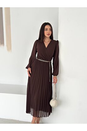 Kahverengi Kruvaze Yaka Piliseli Kemer Detaylı Midi Elbise