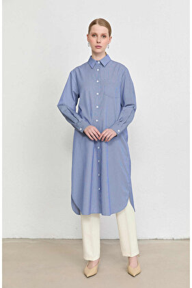 Fit Dad Mavi Çizgili Maksi Gömlek Tunik