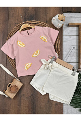 Limon Nakışlı Şort Etekli Yazlık Kız Bebek Takım