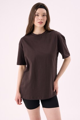 Crep Kadın Basic Bisiklet Yaka Oversize T-Shirt Kahverengi – %100 Organik Pamuk
