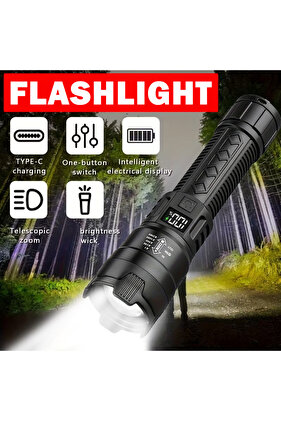 مصباح يدوي LED عالي الطاقة P50 بقوة 300000 لومن مع ضوء عرض ومنفذ شحن USB للتخييم
