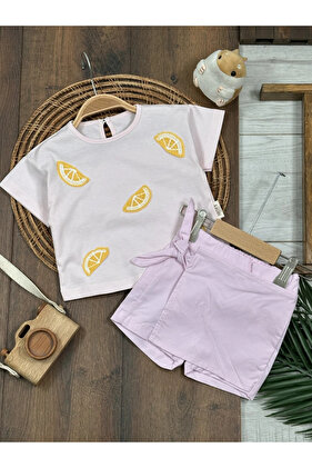 Limon Nakışlı Şort Etekli Yazlık Kız Bebek Takım