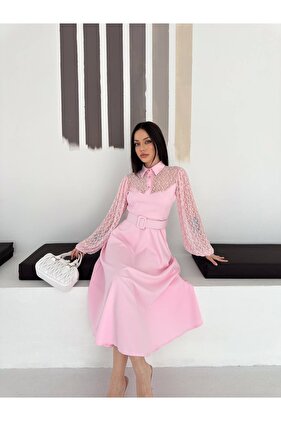 Dantel Detaylı Gömlek Yaka Kemerli Midi Boy Elbise