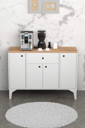 Çok Amaçlı Dolap Kahve Köşesi Dolabı Çekmeceli 4 Kapaklı Konsol Dolabı Kiler Atlantik Çam Beyaz