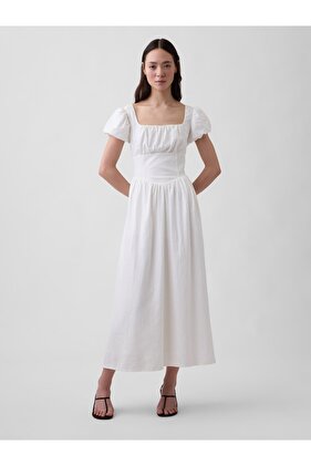 Kadın Beyaz Keten Karışımı Drop-Waist Maxi Elbise