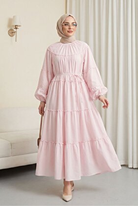 Elasticated Sleeve Tie-Detail Waist Tiered Ruffle Detail Dress - Powder Pink