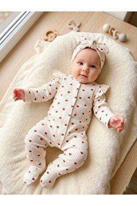 3-6-9 Months Bandanali Red Heart Patterned Jumpsuit with Ruffles on the Shoulders, 2-Piece Set Baby&Children's Set