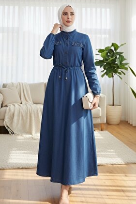 Pearl Detail Tunnel Lace-Up Long Denim Dress -Indigo