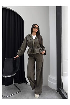 Waist Drawstring Zippered Double Set