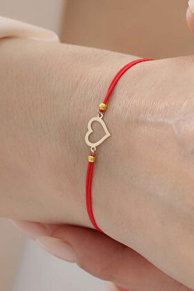 14 Ayar Altın Kalp Kırmızı İpli Bileklik