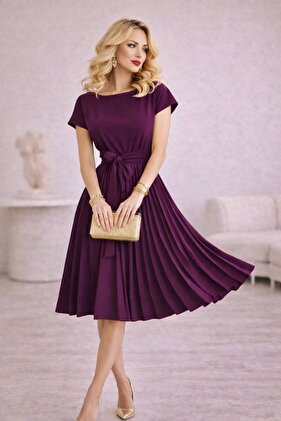 Pflaumenfarbener Faltenrock für Damen mit Gürtel in der Taille aus Kreppstoff, Heimkehr- und Hochzeitskleid