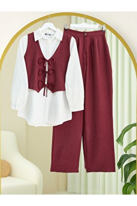 Tie-Front Vest and Trousers Double Set - Burgundy
