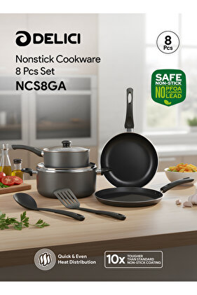 DELICI 8 Pcs Nonstick Cookware Set, 10X Tougher Coating, Quick Heat, Gas, Halogen & Ceramic Safe