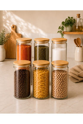Set of 6 Vacuum Glass Jars with Bamboo Lids 1440 ml |   Large Size Food & Grain Storage Container