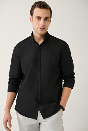 Men's Black Button Collar Easy Iron Cotton Oxford Shirt E 002000