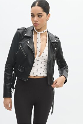 Kemerli suni deri biker ceket