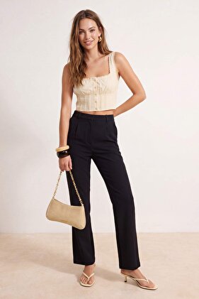 Black Wide Leg / Wide Leg Pleated Woven Fabric Trousers TWOSS21PL0155