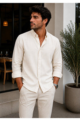 Men's White Summer Breathable Linen Textured Aerobin Shirt – Regular Fit Long Sleeve Comfortable Fit