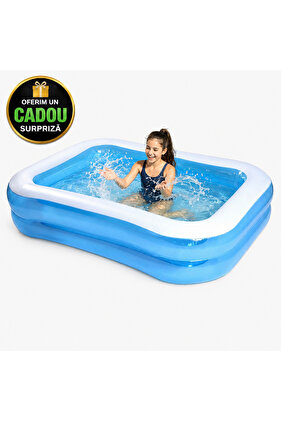 Piscină gonflabilă dreptunghiulară pentru copii 200 x 120 x 40 cm - Alb/Albastru, Vinil Rezistent + CADOU SURPRIZA