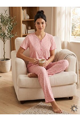Summer Pink Floral Patterned Short Sleeve Combed Cotton 100% Cotton Pajama Set