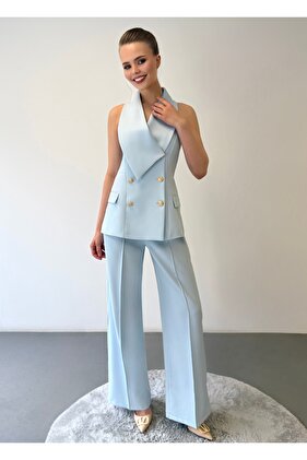 Stylish Gold Button Detailed Shawl Collar Vest and Baby Blue Trousers Set