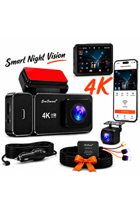 Camera Auto De Bord EvoSmart™ OK-838, Rezolutie 4K, Camera Dubla, Smart Night Vision, Display Ultra 3.19 inch, Inregistrare In Bucla, G-Sensor, Kit Monitorizare 24h Inclus, Negru