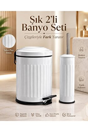 Vintage 2 Li Çöp Kovası Banyo Seti Çizgili Beyaz
