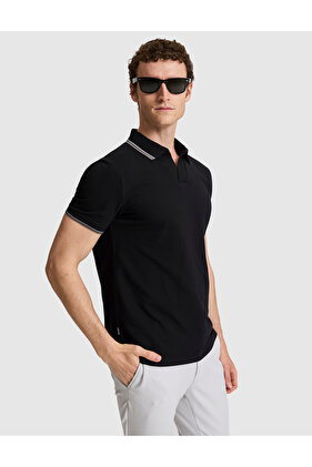 Black Slim Fit 100% Cotton Apaş Collar T-Shirt 50327845-Vr046