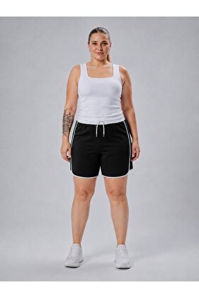 Curve Büyük Beden Kadın Biye Detaylı Örme %100 Pamuk Yüksek Bel Spor Siyah Şort& Bermuda