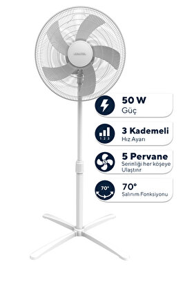 KTF-355 Beyaz 16 inç Ayaklı Vantilatör 50 W, 5 Pervaneli, 3 Kademeli, 121 cm Yükseklik