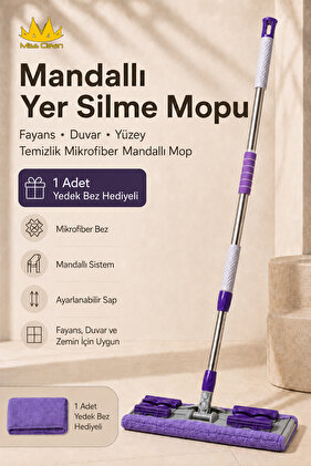 ( 1 Adet Yedek Bez Hediyeli ) Yer Mopu Fayans Duvar Yüzey Temizlik Mikrofiber Mandallı Mop