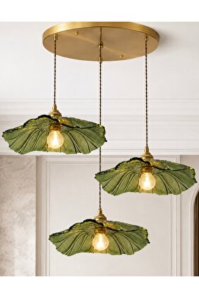 Modern Tasarım Vintage Boheme El Yapımı Yeşil Camlı Üçlü Sarkıt Avize Eskitme Gold