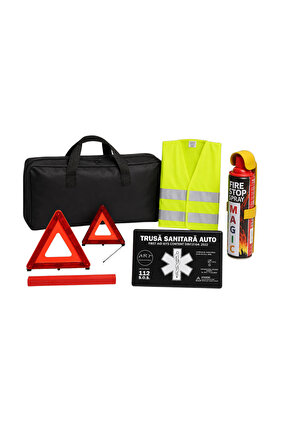Kit Siguranță Auto Complet 2026– Trusă Medicală, Vestă Reflectorizantă, Stingător 2x Triunghiuri , Geanta Omologate