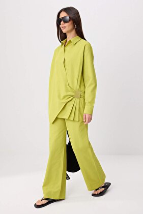 Khaki Oversize Leather Belt Detailed Bottom - Top Set Tctss26Us00043
