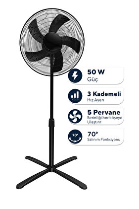 KTF-355 Siyah 16 inç Ayaklı Vantilatör 50 W, 5 Pervaneli, 3 Kademeli, 121 cm Yükseklik