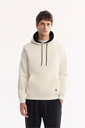 Erkek Beyaz Kapüşonlu 3 İplik Şardonlu Pamuklu Sweatshirt E001018