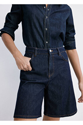Yüksek bel düz kesim denim bermuda şort