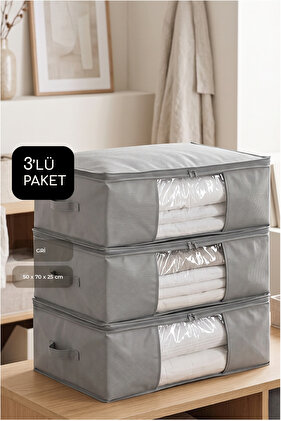 3'lü Set Büyük Boy 70x50x25cm Pencereli Çekyat&baza Altı,yorgan&yastık Düzenleyici Hurç Gri