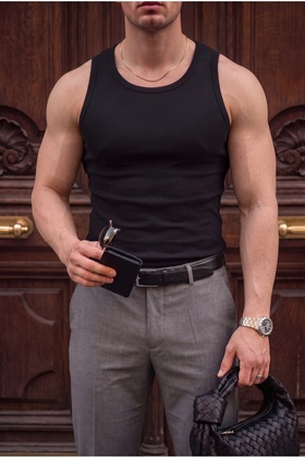 Men's black color halter neck ribbed lycra tank top
