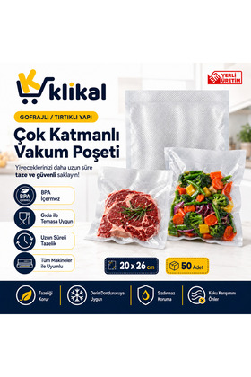 20x26 Cm 50 Adet Gofrajlı Tırtıklı Ev Tipi Vakum Poşeti -torbası Çok Katmanlı Kalın Tip