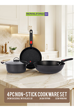 4pcs Non-Stick carbon steel Cookware Set RF13173 24x9 cm casserole (3.15L) with lid for curries and stews, a 24x4.3 cm frypan (1.55L) for frying and sautéing, and a 32x9.5 cm wok pan (5.2L)