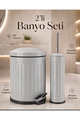 Vintage 2 Li Çöp Kovası Banyo Seti Çizgili Gri
