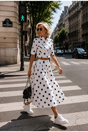 Polka chic blue and white polka dot design short sleeve jacket