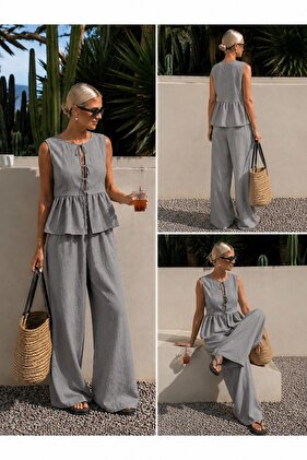 Ženska lepršava bluza sa peplumom i set pantalona