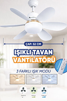 6 Kanatlı, Işıklı Sessiz Çalışma Tavan Tip Vantilatör 52 cm