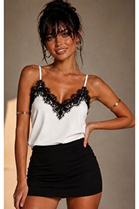Women's White-Black Adjustable Strap Ruched Blouse Be428