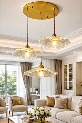 Modern Tasarım Vintage Boheme El Yapımı Şeffaf Camlı Üçlü Sarkıt Avize Eskitme Gold