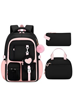 3 in 1 School Bag Top Bottom Set for Girls, Backpack 45x30x17 cm, Lunch Bag and Pencil Case, Laptop Compartment, Multiple Pockets, Water Resistant, Black/Pink