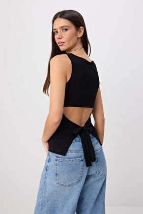 Schwarze, schlichte, figurbetonte, ärmellose Bluse mit Bindeband und detailliertem Detail, aus weichem Premium-Strick TWOSS26BZ00672